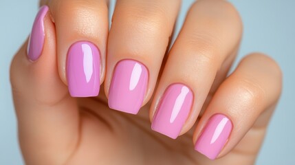 Close-up of a hand with shiny pink nail polish on a light blue background. Manicure and nail care concept.