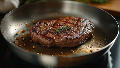A piece of steak is being pan-fried in a stainless steel frying pan, making for a delicious dinner.