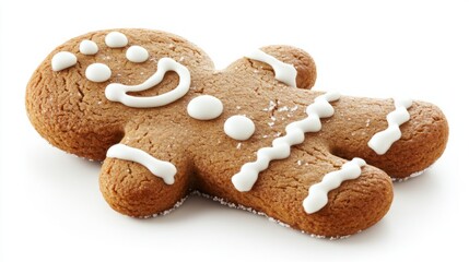 Traditional gingerbread man with cheerful expression and white icing details, isolated on white