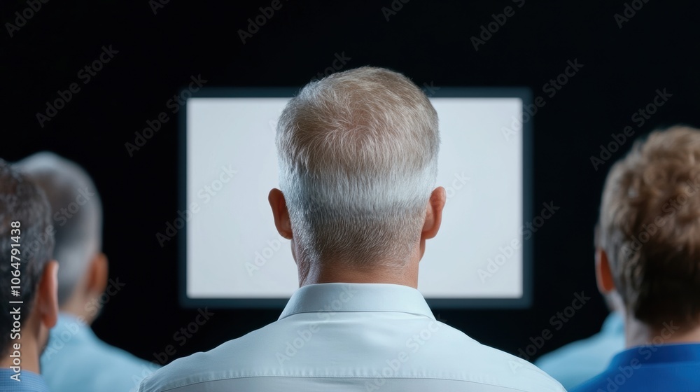 Poster group of people watching a screen. back view of individuals seated in front of a white display on a 