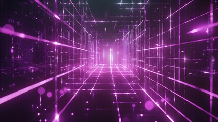 A retro 80s-style neon grid extending into the distance, with purple and pink hues, creating a nostalgic digital landscape.