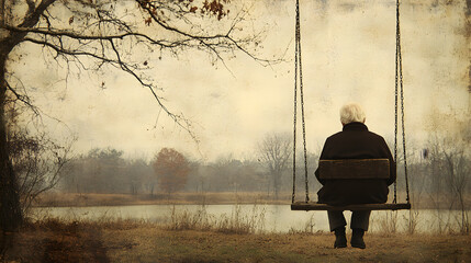 A powerful photography depicting an elderly person sitting alone on a park swing, gazing into the distance with a look of sorrow, symbolizing the weight of memories and the passage of time during mour