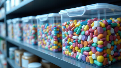 Multiple plastic containers filled with colorful small candies and sweets on a store shelf.