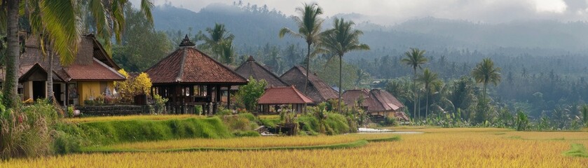 Fototapeta premium Serene rice fields with traditional houses amidst lush greenery and mountains.