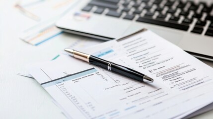 Pen on financial documents with a laptop in the background on a white desk. Business report and analysis concept