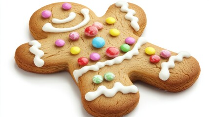 Traditional gingerbread man with white icing and candy decorations, isolated on a plain white background