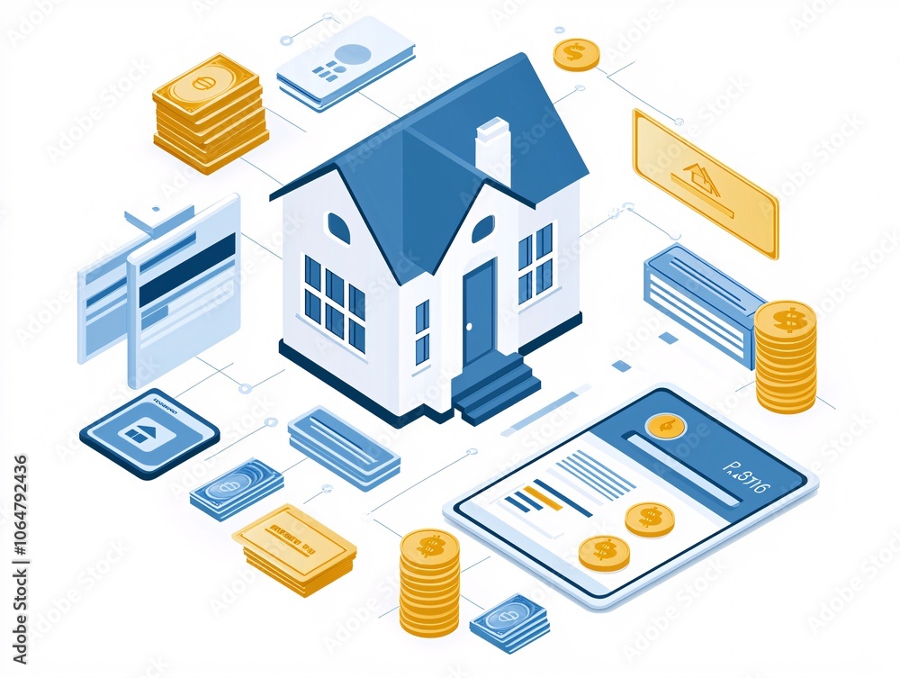 Poster minimalistic design of property loan terms in an organized flow chart, digital tablet displaying mor