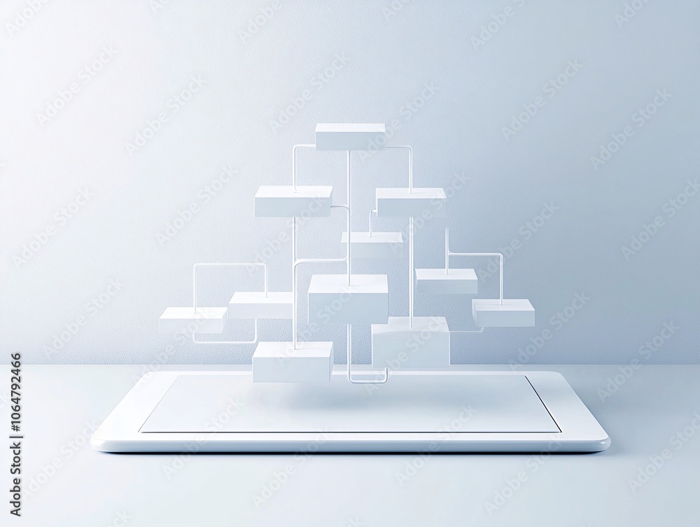 Poster minimalistic design of property loan terms in an organized flow chart, digital tablet displaying mor