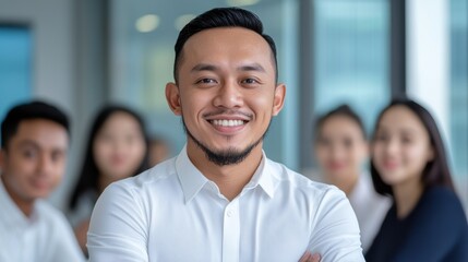 Smiling man in a white shirt standing with colleagues blurred in the background. Teamwork and leadership concept.