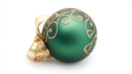 Traditional green Christmas ball with gold ribbon accent, isolated on a white background