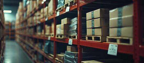 Modern Warehouse Interior with Stacked Cardboard Boxes on Shelves in Industrial Storage Facility