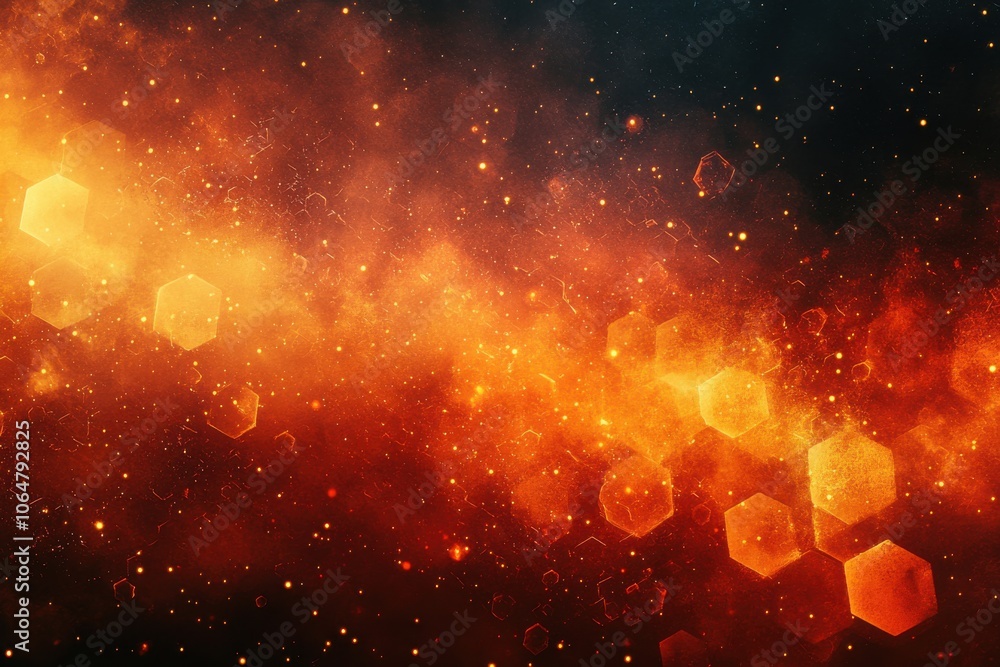 Poster abstract fiery background with glowing hexagonal shapes and sparkles