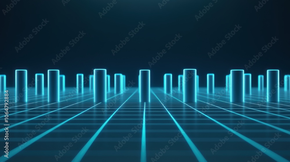 Poster abstract 3d futuristic grid with glowing neon blue columns on a dark background. digital technology 