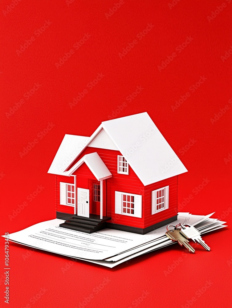 Poster an image of a real estate agent presenting mortgage documents with a small house model and keys, hig