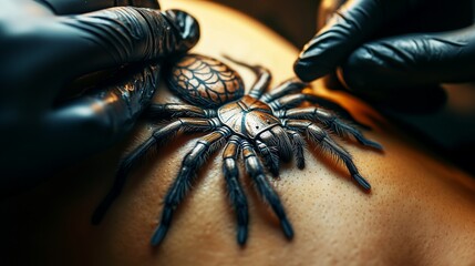Close-up of a realistic spider tattoo being carefully inked on skin by tattoo artist wearing black gloves, focusing on intricate details