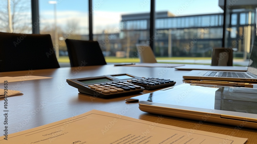 Poster a contract and calculator arranged with a house model on a table, symbolizing property loan agreemen