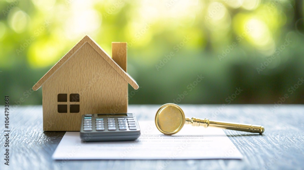 Poster a contract and calculator arranged with a house model on a table, symbolizing property loan agreemen