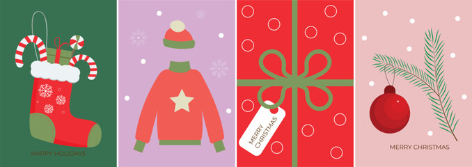 Set of Merry Christmas and Happy New Year minimalist trendy cards. Modern Xmas flat design with geometric pattern of holiday icons. Vector template for banner, poster, holiday