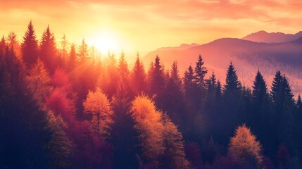 A scenic view of the sun setting over a forest of colorful autumn trees, casting warm orange and pink hues in the sky.