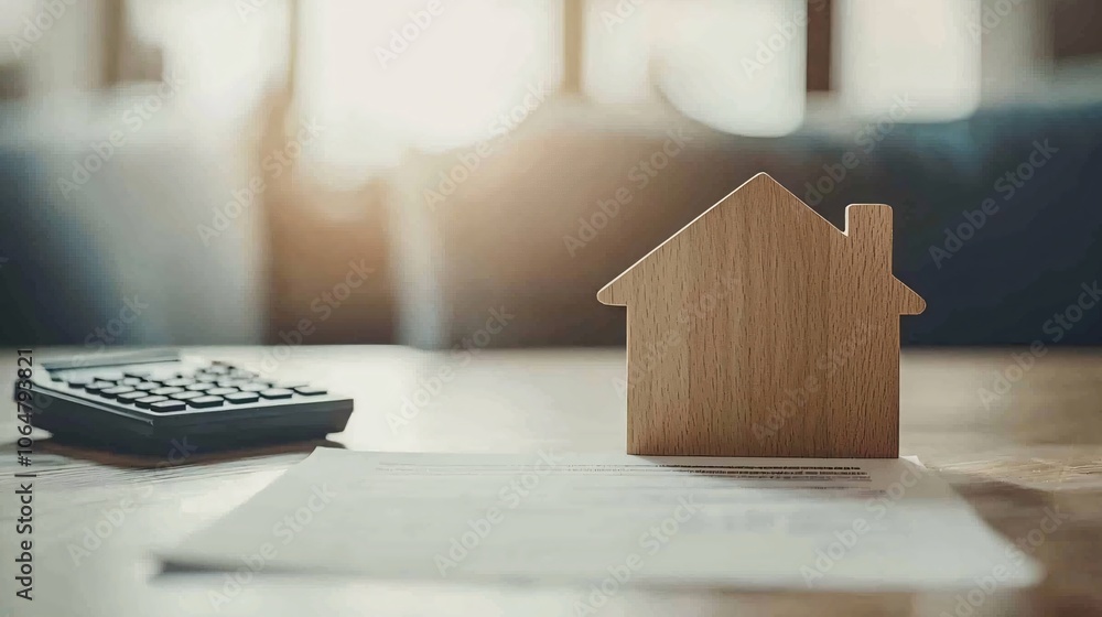 Poster a contract and calculator arranged with a house model on a table, symbolizing property loan agreemen
