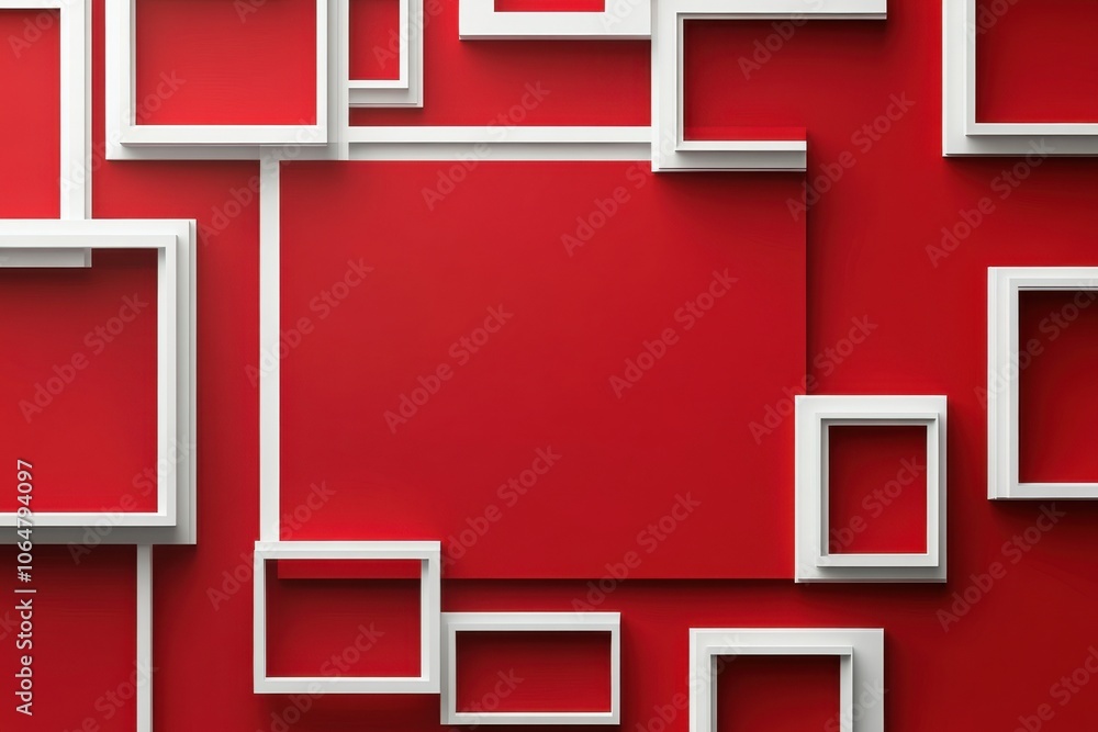 Poster red rectangular background with geometric white frames