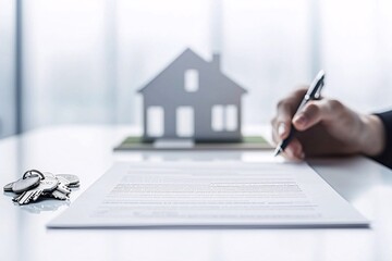 Fototapeta premium A contract, house model, and keys arranged on a desk, representing mortgage collateral, with a clean, minimalistic design and abundant copy space.
