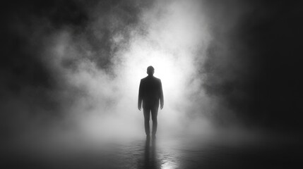 Fototapeta premium Vanishing into Obfuscation - Mysterious Figure Fading in Moody Fog Symbolizing Forgotten Memory