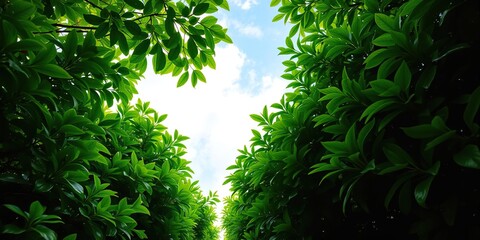 Lush green foliage stretching up towards the sky, vertical pattern, tree leaves, nature texture