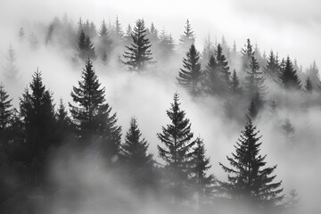 Obraz premium Misty Forest Landscape with Evergreen Trees in Serene Foggy Atmosphere