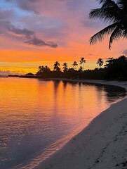 Obraz premium A serene tropical beach at sunset, with orange and pink hues reflecting on the calm water, palm trees silhouetted in the background.