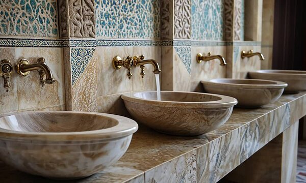 A series of elegant stone sinks with gold faucets in a decorative bathroom setting.