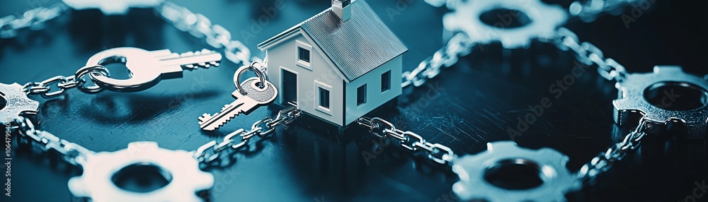 Poster abstract concept shot, a house and a set of keys with chains connected to a bank vault, symbolizing 