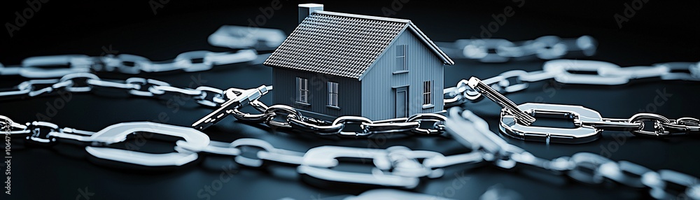 Poster abstract concept shot, a house and a set of keys with chains connected to a bank vault, symbolizing 
