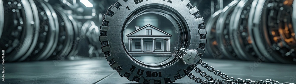 Poster abstract concept shot, a house and a set of keys with chains connected to a bank vault, symbolizing 