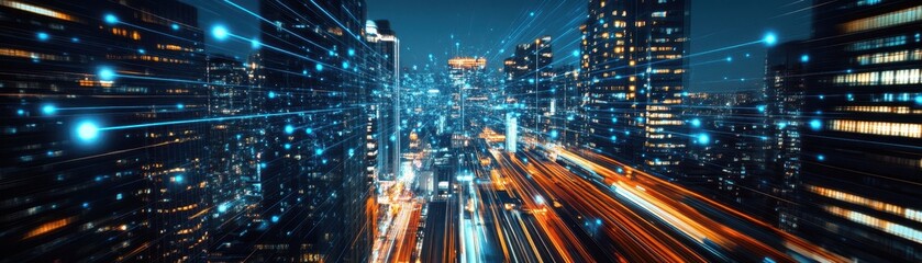 Naklejka premium Futuristic Cityscape with Dynamic Light Trails and Digital Connections at Night