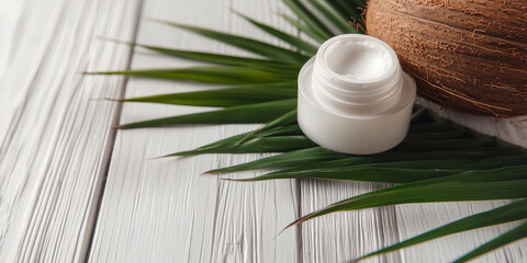 Natural skincare cream with coconut, displayed on tropical palm leaves. Promoting organic beauty products and skincare routines inspired by nature.