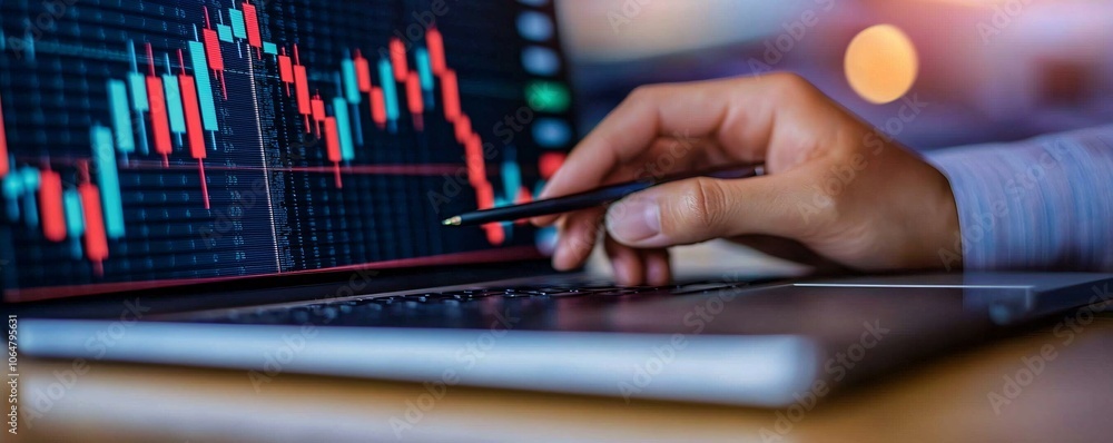 Poster interior office setting with a financial consultant pointing at a digital screen displaying property