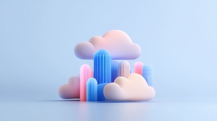 Stylized pastel clouds and geometric buildings in pink and blue tones on a light blue background.