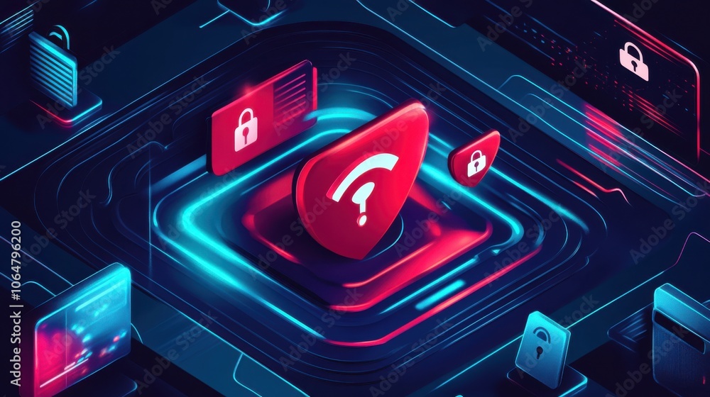 Aufkleber cybersecurity concept with shield and network elements
