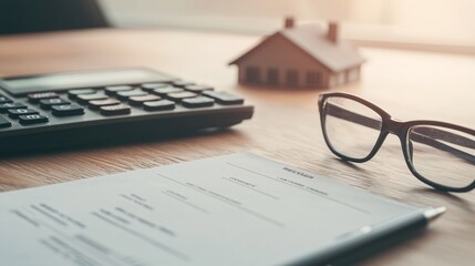 A close-up of a calculator, house model, and loan application form on a desk, symbolizing property loans and mortgage budgeting. Ample copy space is provided in the image for text or branding.