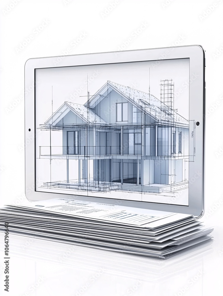 Poster a digital tablet displaying a mortgage calculator, accompanied by a house model and a stack of loan 