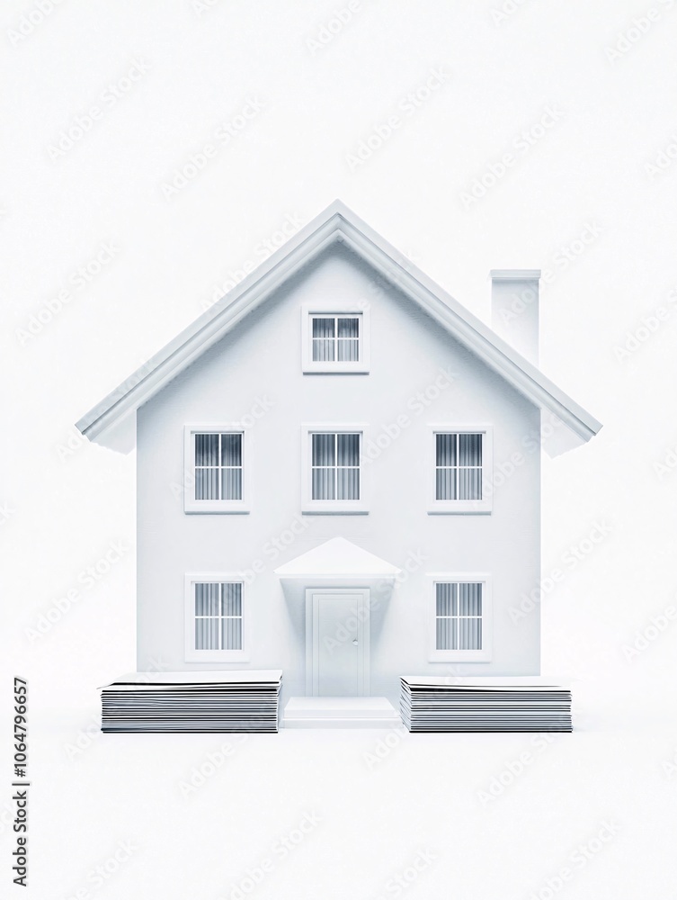 Poster a digital tablet displaying a mortgage calculator, accompanied by a house model and a stack of loan 