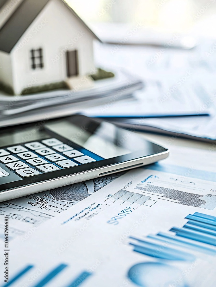 Poster a digital tablet displaying a mortgage calculator, accompanied by a house model and a stack of loan 