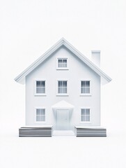 A digital tablet displaying a mortgage calculator, accompanied by a house model and a stack of loan documents, with significant copy space for customized messaging.