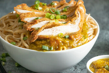Katsu Chicken Noodles with potato curry, green onion and fork served in bowl isolated on grey background closeup side view of Asian food