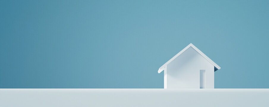 A minimalist scene of a property budget planner and a small house model, with a blank backdrop for copy space, emphasizing simplicity in mortgage planning.