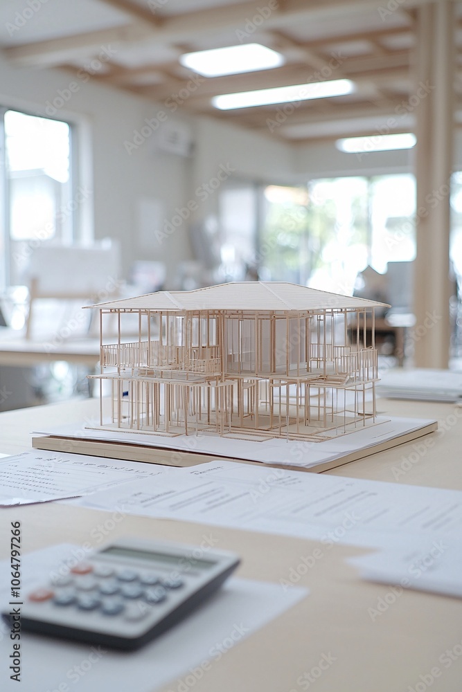 Poster an office setting with property loan documents, a calculator, and a small house model on the desk. t