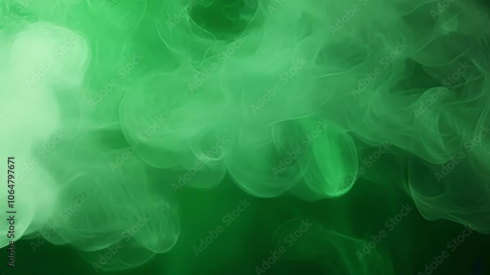 Poster realistic white smoke swirling and creating abstract shapes on a solid green screen background, perf