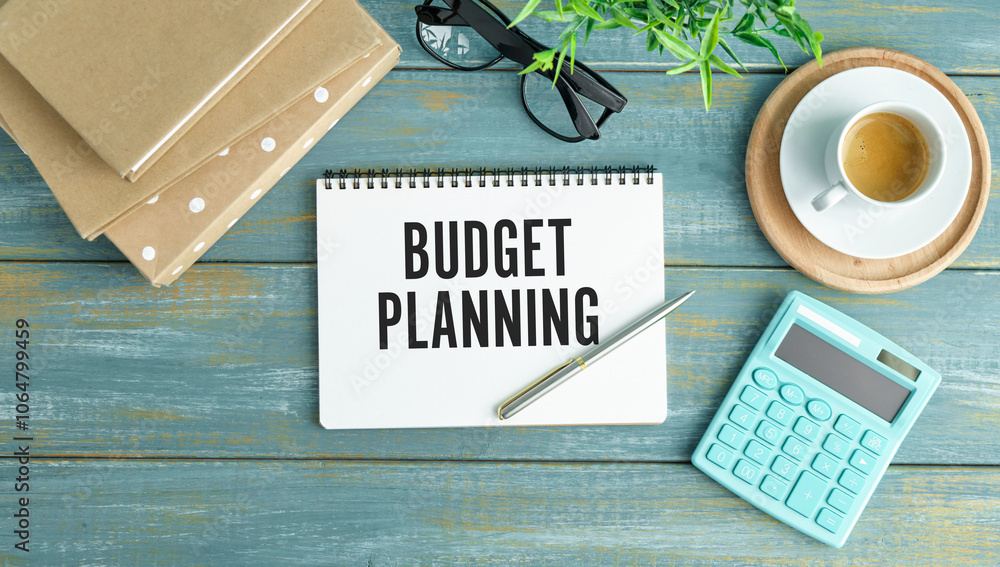 Poster clipboard with text budget planning and keyboard and chart on a white background