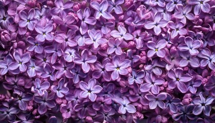 Close-Up of Lush Purple Lilac Blossoms in Full Bloom, Showcasing Delicate Petals in Shades of Lavender, Violet, and Soft Pink. Ideal for Nature Themed Backgrounds, Spring Decor, and Floral Patterns